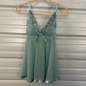 Green Blue Lace Chemise with Spaghetti Straps and V-Neckline